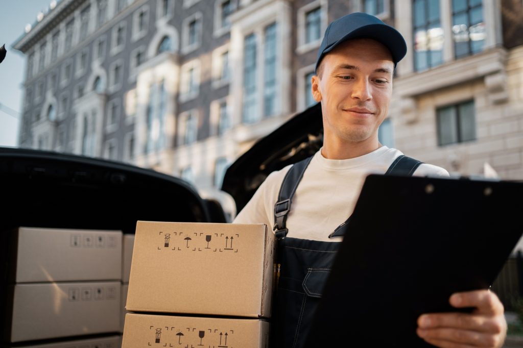 male courier in uniform driver delivering groceries home
