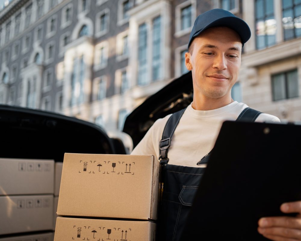 male courier in uniform driver delivering groceries home